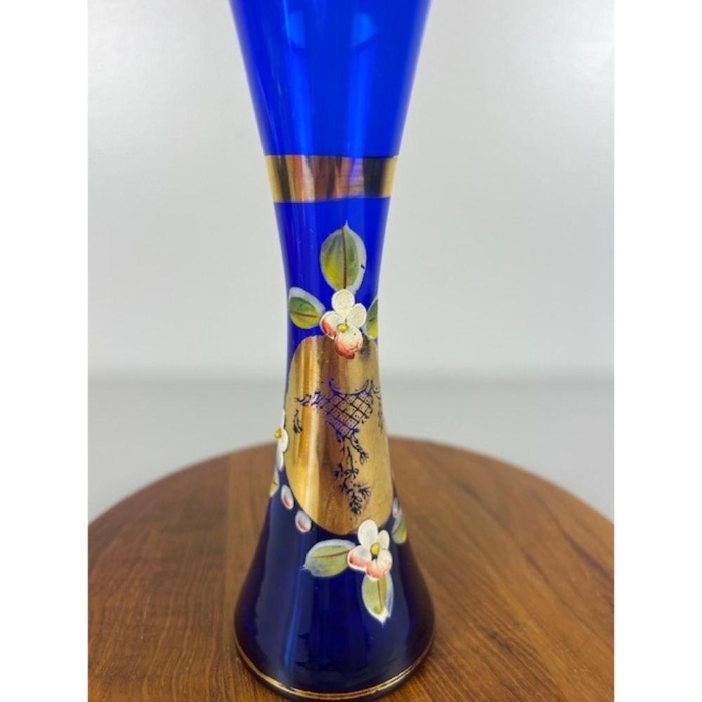 Vintage Cobalt Blue Bohemian Czech Hand Painted‎ Bud Vase  Gold Trimmed  Decor